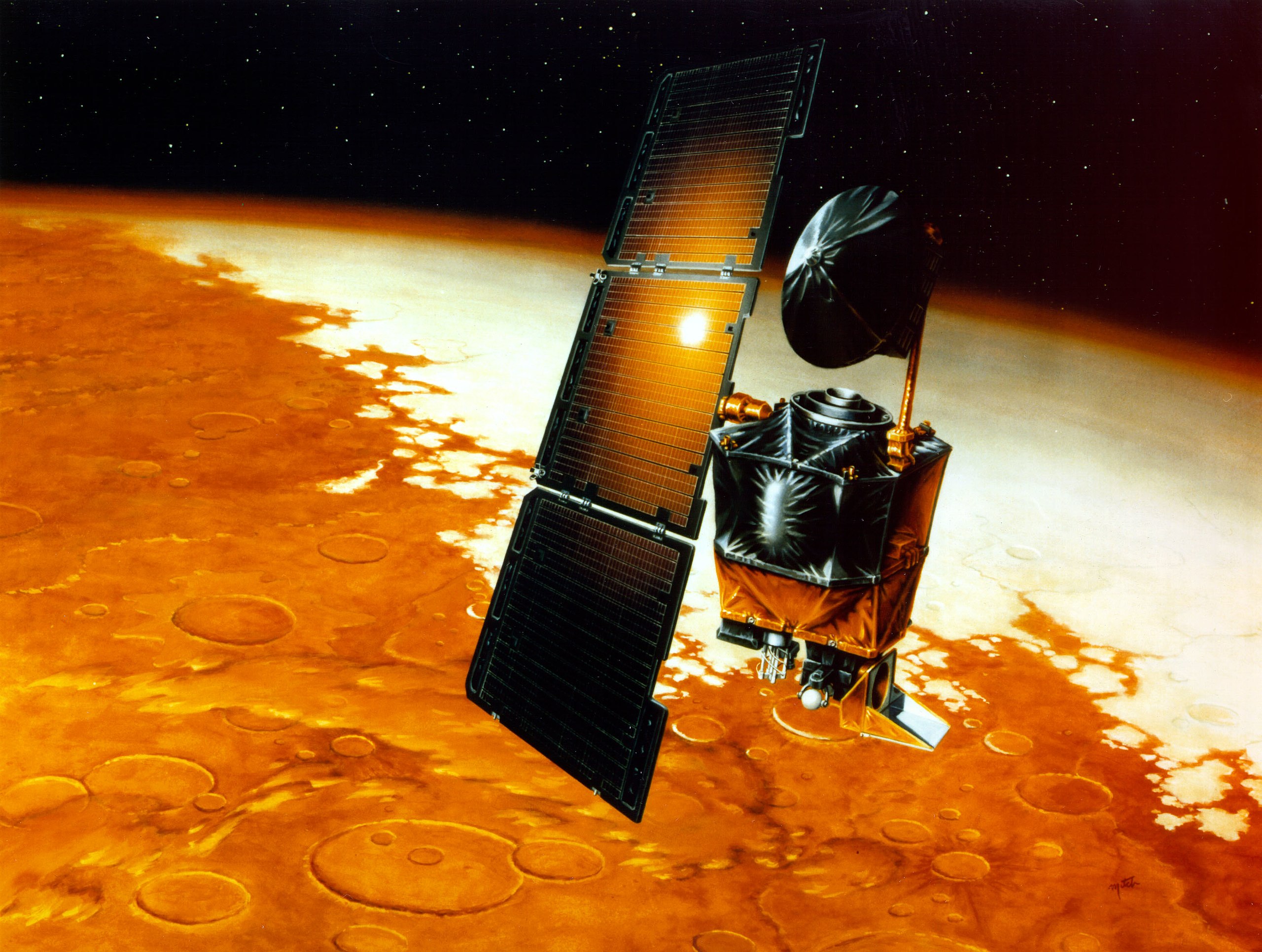 Artistic depiction of Mars Climate Orbiter in orbit around Mars.